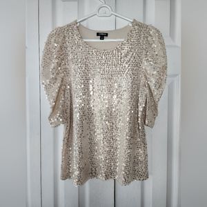 EXPRESS WOMENS MEDIUM SEQUIN EMBELLISHED TOP BLOUSE RUFFLE SLEEVES